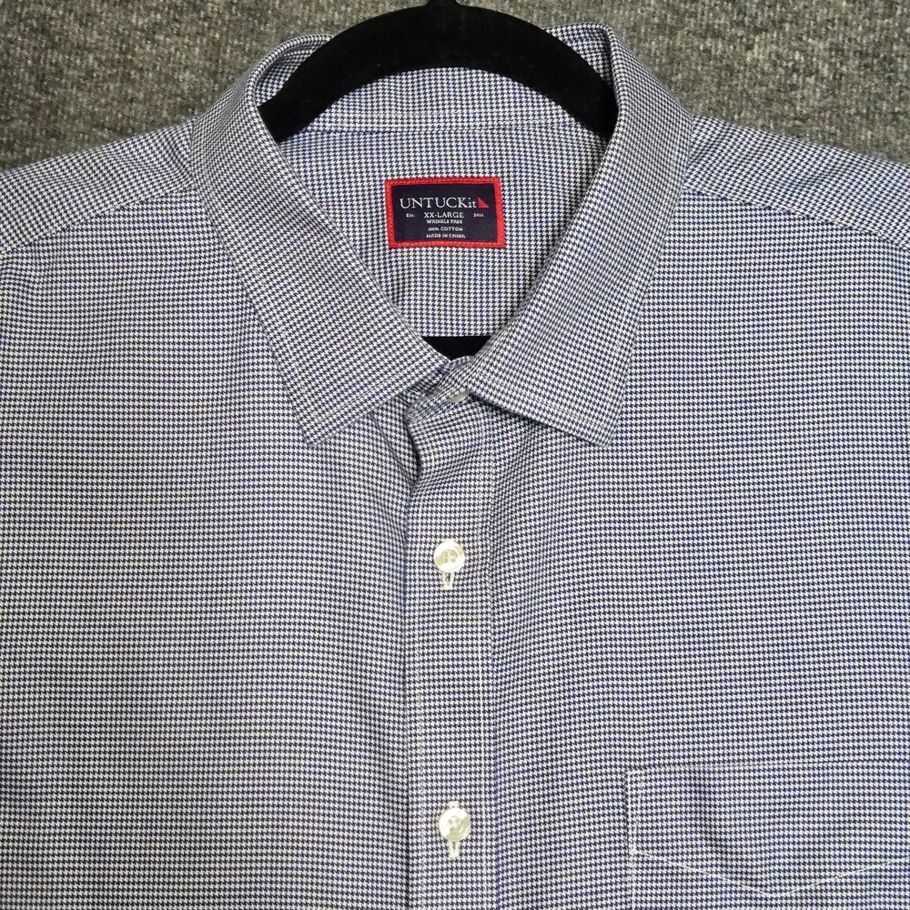 Men's Untuckit Wrinkle Free Button Up Shirt Sz XXL 2XL Blue‎ Houndsbooth